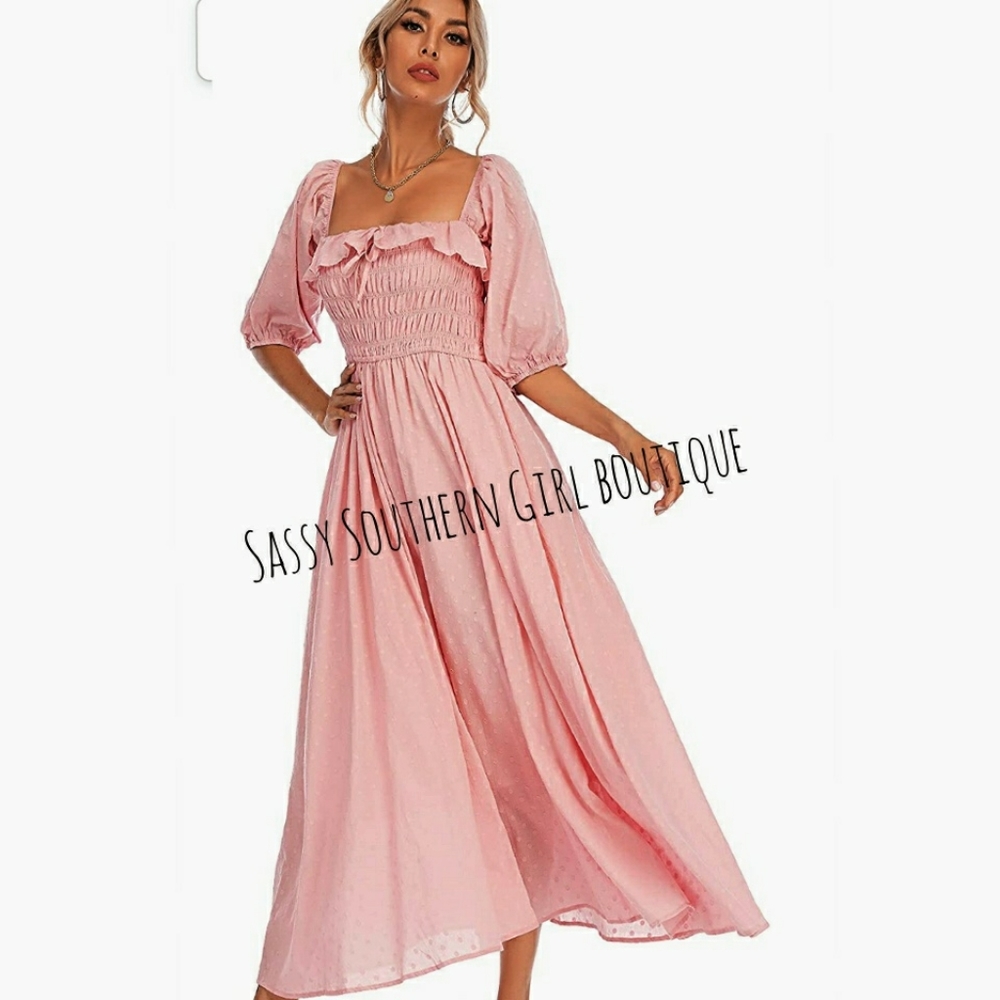 🆕⭐ Boho rose pink smocked swiss dot dress - Picture 4 of 11